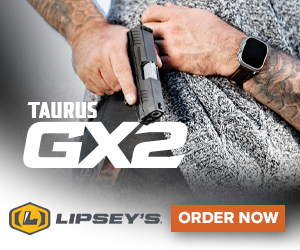 Lipseys GX2 Ad Image of a person drawing a GX2 Pistol from side holster